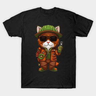 Cute Cat Explorer with Sunglasses and Phone T-Shirt